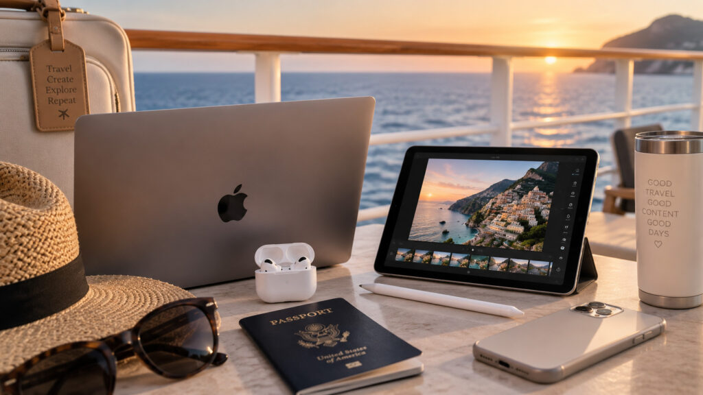 Apple MacBook, iPad, AirPods and iPhone travel creator setup on a cruise ship